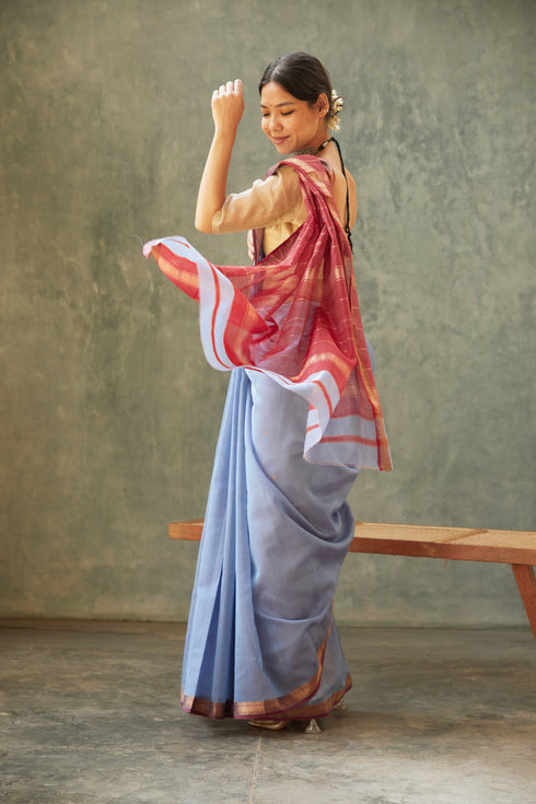 Handwoven Blue & Gold Maheshwari Cotton Silk Saree